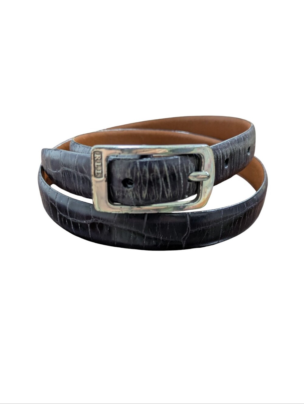 VTG Ralph Lauren Navy Blue Croc Embossed Skinny Leather Belt Silver Buckle Sz M